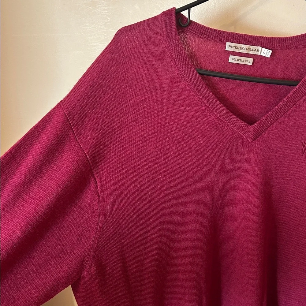 Peter Millar Sweater Men L 100% Merino Wool Red Golf V Neck Pull Over